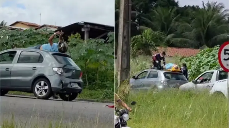 Motociclista fica sobre teto de carro após bater na traseira de veículo